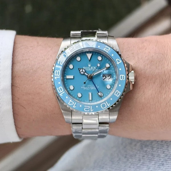 Branded GMT 2 Watch master Steel-Aqua Blue